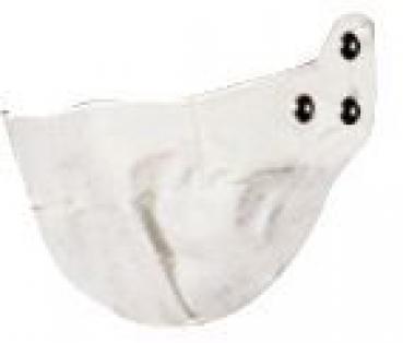 Das Bild zeigt eine weiße, halbkreisförmige Maske mit zwei schwarzen Knöpfen oben, die wie Augen wirken. Die Maske hat eine einfache, glatte Oberfläche.