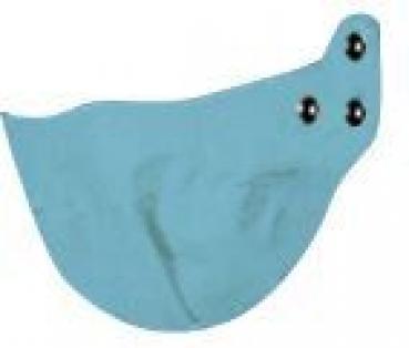 The image shows a turquoise, crescent-shaped form with three small black dots that act as press studs. The shape has a smooth surface and curved edges.