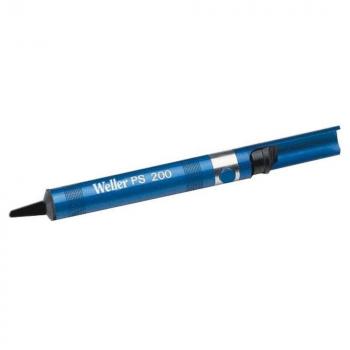 The image displays a blue soldering iron with a narrow, black tip. The casing reads 