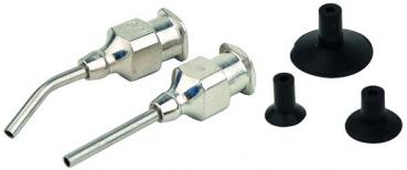 The image shows two metallic spray nozzles with a curved end as well as two black rubber stoppers. The nozzles have a smooth, shiny surface. The valves are functionally designed.