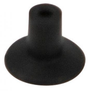The image shows a black, funnel-shaped rubber stopper. The surface is smooth, with a wide, flat rim and a narrower, upright part in the center.