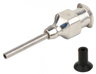 The image displays a metallic nozzle with a thin, long tube, positioned on the left side. Next to it is a black, rubberized cap. The nozzle is shiny and has a hexagonal base.