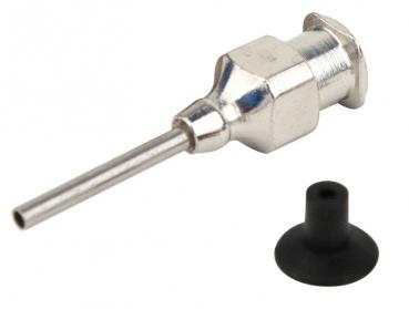 The image displays a silver metal syringe adapter with a long, thin outlet. Next to it is a black, rubberized end, likely serving as a cap.