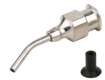 The image shows a small metal nozzle with a long, curved end that looks like a small tube. Next to it is a black, rubberized part. Both objects are possibly intended for precision work.