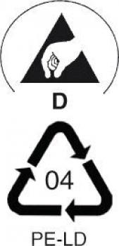 Das Bild zeigt zwei Symbole: Oben ein Handzeichen in einem Dreieck mit dem Buchstaben "D". Unten ein Recycling-Symbol mit der Zahl "04" und "PE-LD" (Polyethylen niedriger Dichte).