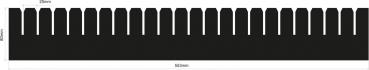 The image shows a long, narrow black strip with uniform, rectangular cutouts or notches along the top edge.