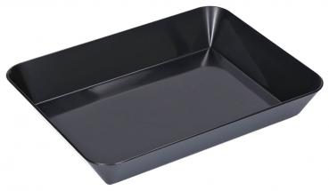 Das Bild zeigt eine rechteckige, flache Schale aus schwarzem Material. Sie hat leicht abgerundete Ecken und einen erhöhten Rand. Die Oberfläche ist glatt und glänzend.