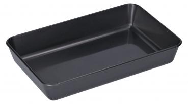Das Bild zeigt eine rechteckige, flache Backform aus Metall. Sie ist dunkelgrau bis schwarz und hat leicht erhöhte Ränder. Die Innenseite ist glatt und glänzend.