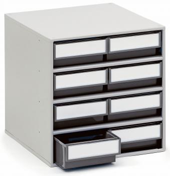The image shows a simple, square dresser with nine drawers in two rows. The drawers have white fronts and a gray frame. One drawer is pulled out.