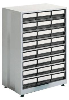 The image shows a compact shelving unit with several small drawers. The drawers are in two shades, gray and black, and have white labels for markings. One drawer is partially open.