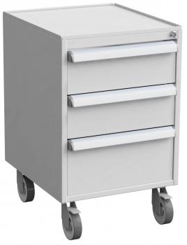 The image shows a white rolling container with three drawers. It has a smooth surface, side handles, and is mounted on four casters, which allow for easy movement.