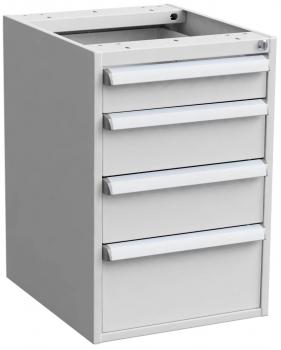 Es ist ein grauer Schubladenschrank mit vier gleich großen Schubladen und einem offenen oberen Bereich. Die Schubladen haben breite, silberne Griffe.