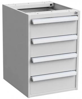 The image shows a modern, gray drawer cabinet with four horizontal drawers and smooth, silver handles. The cabinet has an open top.