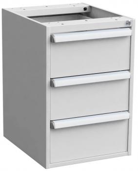 Das Bild zeigt einen weißen Schrank mit drei Schubladen. Jede Schublade hat einen schmalen, glänzenden Griff. Der Schrank ist kantig und hat eine offene Oberseite ohne Abdeckung.