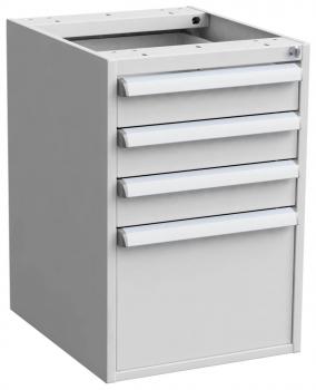 The image shows a gray filing cabinet with five drawers. The top four drawers are narrow and flat, while the bottom one is wider and deeper. The surface is smooth and even.