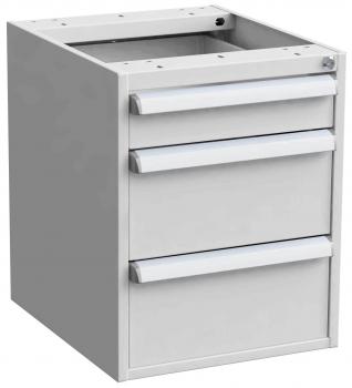 The image shows a white chest of drawers. It has three horizontally arranged drawers and an open top that provides space for additional storage.