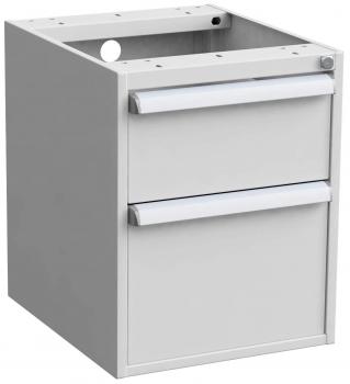 The image shows a white, plain cabinet with two drawers. The drawers have silver handles and are arranged in the center of the cabinet. There is a cutout at the top.