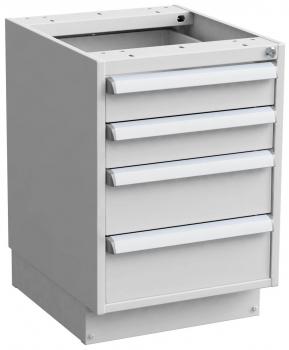 It is a white drawer cabinet with four drawers. The drawers have a smooth surface and a simple, easy-to-grab edge for opening. There is an open area on top.