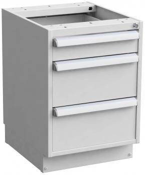 This is a gray drawer cabinet with three drawers. The cabinet has an open top and straight, modern handles. It is made of metal and appears sturdy.