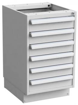 The image shows a gray cabinet with seven drawers. The drawers have clear, flat handles. The top of the cabinet is open and has no lid.