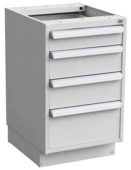 The image shows a white drawer cabinet with four horizontal drawers. It has a clear, rectangular shape and is mounted on a sturdy base. The top is missing a surface.