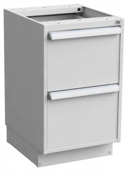 It is a simple, gray furniture cabinet with two drawers. The drawers have simple, straight metal handles and stand on a sturdy base.