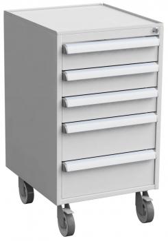 The image shows a white rolling cabinet with five drawers. It has a flat surface and is mounted on four casters, which allow for easy movement.