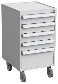 The image shows a white rolling cabinet with five drawers and a smooth top. It has easy-glide casters at the bottom, enabling mobility.