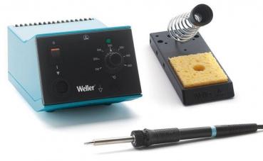 The image shows a soldering station: a blue heat switch with a rotary knob, a solder stand with a sponge, and a soldering tool with a black handle.
