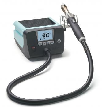 This is an electric soldering system with a display showing a temperature of 400 °C. A flexible hose leads to a handle with a nozzle. The colors are black and blue.