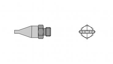 The image displays a technical drawing of a small metal body with a sharp, conical shape and two prismatic connectors, one of which is threaded. Adjacent to it is a top view.