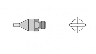 The image displays a technical drawing of an object. On the left, there is a side view featuring a pointed shape with a narrow end. On the right, there is a top view showing a circular design.