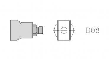 The image displays a technical drawing of a component in two views: from the side and from above. It shows a rectangular body with a continuous opening. Next to it is "D08".