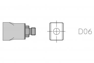 The image displays a technical drawing of an object. On the left, there is a side view featuring a narrow, rectangular body with a threaded eyelet. On the right, the top view is shown, which is square with a central hole. To the right of the object, the label "D06" is indicated.