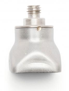 The image depicts a silver-colored lamp socket with a threaded connector on top. The base has a rounded shape and a small hole in the center.