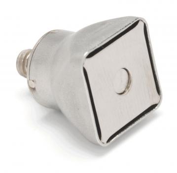 Das Bild zeigt einen silbernen, quadratischen Lampenadapter. Er hat eine glatte, metallische Oberfläche und eine standardisierte Gewinde-Basis zum Einschrauben in eine Fassung.