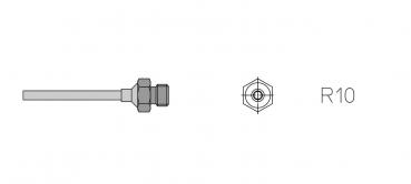 The image shows a technical drawing of a component: a cylindrical pin with a nut on one side and a hexagonal base marked "R10".