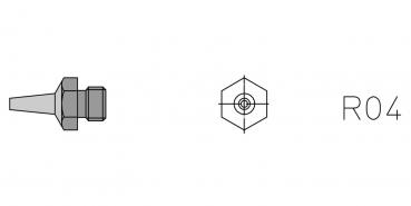 The image shows a technical drawing of a component. On the left is a pointed element with a hexagonal head. On the right is the label "R04".