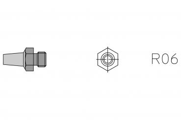 The image displays a technical illustration of a component. On the left, there is a conical element with threading, and on the right, a hexagon labeled "R06".
