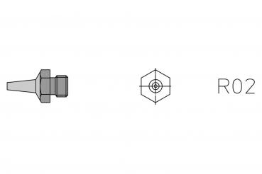 The image displays a technical drawing of a component that resembles a conical screw pin. Additionally, a hexagonal view labeled "R02" is shown.