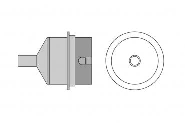 The image shows a simple technical component. From the side, it has a conical shape with a flat base, and from the top, it is round with a central hole.