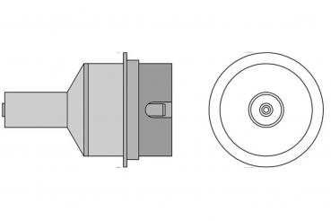 The image displays a technical drawing of a round socket element with a lateral connection. The upper part is flat and features a small plug. The lower part illustrates the round shape with a central hole.