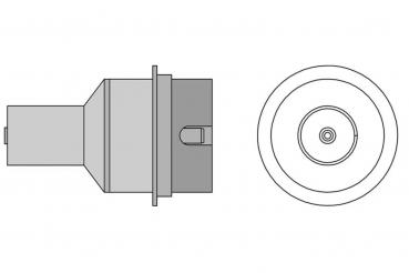 The image displays a technical component in two views: a side view with a rectangular end and a top view showing the round shape of the component.