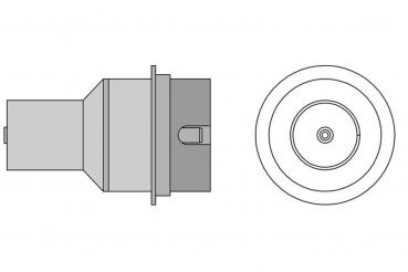 The image shows a technical drawing of a cylindrical object with a wide base and a round top. On the side, there is a small handle or a recess.