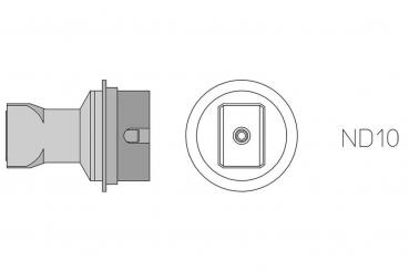 The image displays a technical drawing. On the left is a cylindrical object with an opening. On the right, a circular area marked "ND10". Both elements are simple and depicted in shades of gray.