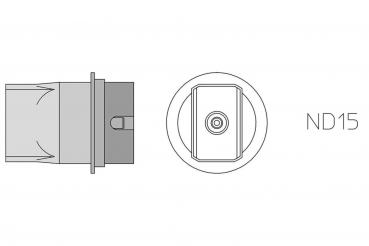 The image displays a technical connection with two views: a side view and a top view. To the right, "ND15" is positioned next to the top view. The connection has a simple, cylindrical shape.