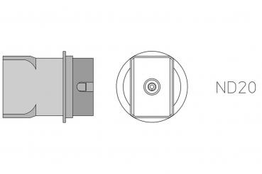 The image shows a technical drawing of a component. On the left is the side view, on the right the top view with the inscription 