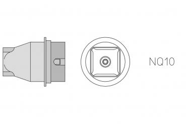 The image displays a technical drawing of an object, likely a tool or machine component, with side and top views. On the right it states "NQ10".