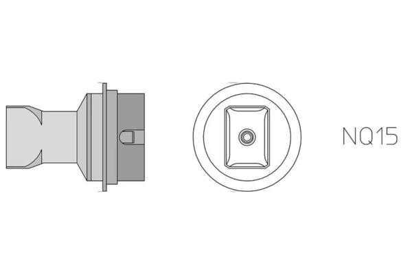 The image shows a technical drawing of a part. On the left is the profile with a narrow opening, and on the right is a round view with a square shape in the center.