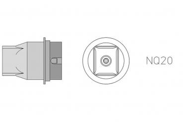 The image shows a technical component, from the side and from above. It has a cylindrical shape with a square opening. Next to the component is the designation "NQ20".